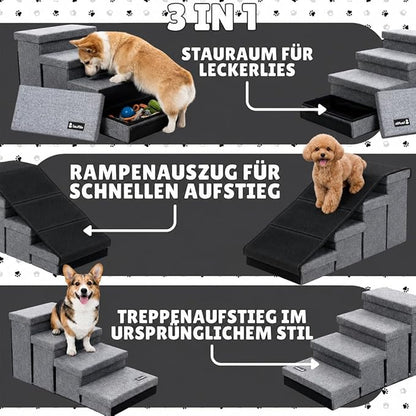 Dog Stairs with 4 Storage Boxes, with Ramp Function, Foldable Pet Non-Slip Safety Ladder for Cats, Dogs, 4 Pet Storage Levels, Foldable Pet Stairs, Grey