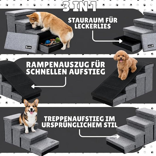Dog Stairs with 4 Storage Boxes, with Ramp Function, Foldable Pet Non-Slip Safety Ladder for Cats, Dogs, 4 Pet Storage Levels, Foldable Pet Stairs, Grey