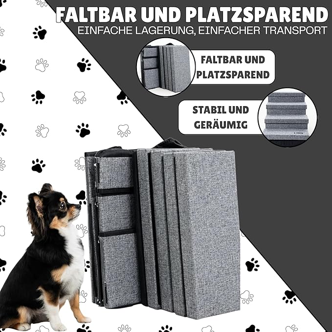 Dog Stairs with 4 Storage Boxes, with Ramp Function, Foldable Pet Non-Slip Safety Ladder for Cats, Dogs, 4 Pet Storage Levels, Foldable Pet Stairs, Grey