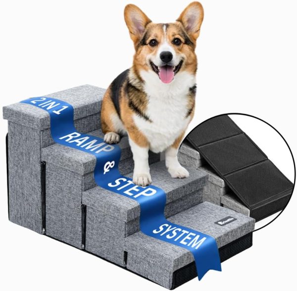 Snuffilo 4-Step Pet Stairs with Ramp & Storage – Grey